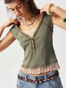 Bohemela Casual Knit Contrast Lace Slim Fit Women T-Shirt - Multicolor - View 9