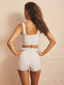 Aralina Leisurewear Active Women's 2pcs Gingham Plad Printed Tank And Short Gym Workout Two Pieces Set - Blue - View 2