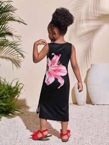 少女热带紫红色圆领露腰A字连衣裙 - 黑色 - 查看 2