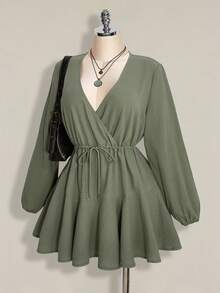 SHEIN ICON 大码女式水洗棉绿色系带长袖连衣裙 - 綠色 - 查看 9