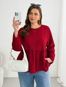 SHEIN Essnce 大码女装春秋季时尚休闲宽松舒适日常质感面料长袖荷叶边衬衫，奶油黄，秋季，返校季 - 酒紅色 - 查看 6