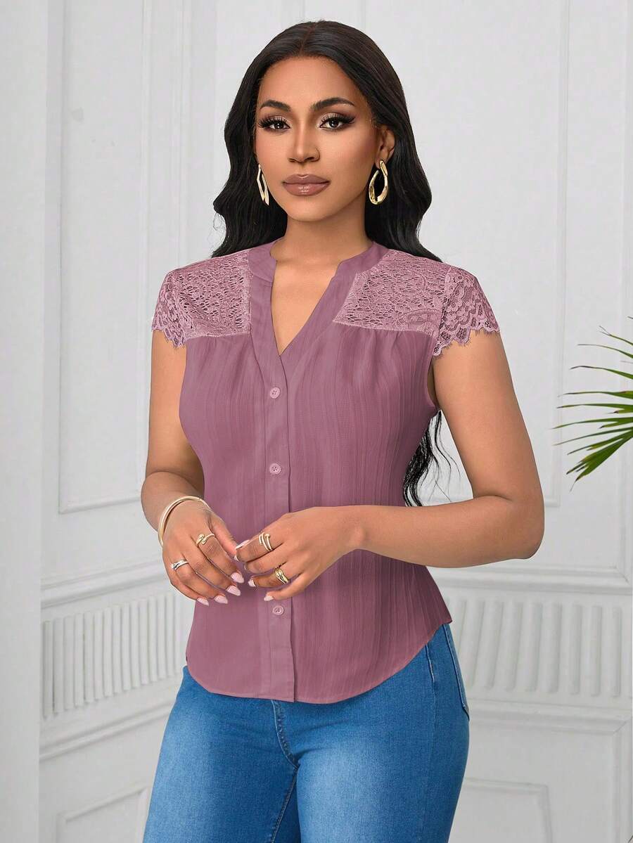 Lunelith SHEIN Lunessa Blus Wanita Lengan Pendek Bergaris Gelombang dengan Motif Renda Elegan - Dusty Pink - View 1
