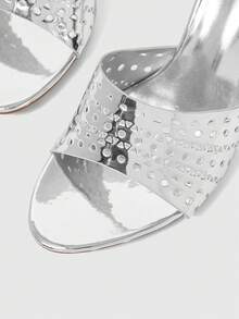 Sleekvia 女士鞋履春夏新款银色圆头镂空细高跟凉鞋拖鞋时尚舒适百搭通勤性感派对女士凉鞋女鞋拖鞋 - 銀色 - 查看 4