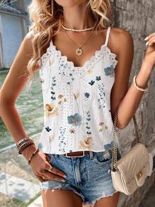 EMERY ROSE Women Elegant Textured Floral & Gray Print Lace Trim Camisole Top - Multicolor - View 7