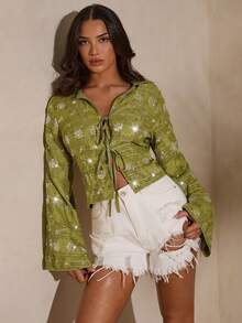 SHEIN Glamour Women's V-Neck Tie Front Casual Versatile Daily Wear Shirt - Green - View 2