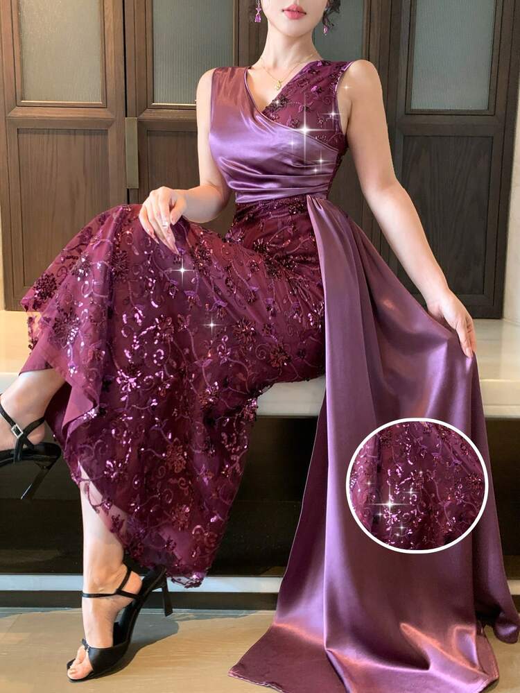 Women's Elegant Sequin Contrast Color Asymmetric V-Neck Long Dress, Summer,Wedding Guest Dress Women Maxi Dress Sundress Cocktail Dress