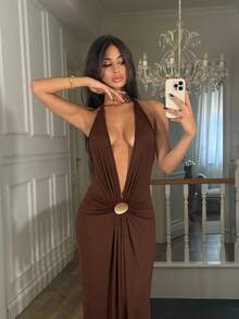 Ronhire Solid Color Knit Halter Backless Dress For Women, Sexy Christmas Outfit, Women's New Year's Eve Clothes, Thanksgiving Outfit, Elegant Party Dress, Graduation, Prom, Luxury Evening,Dresses For Women Elegant,New Year Dress ,Elegant Party Dresses,Party Dresses For Women,Dresses For Women Party - Brown - View 3