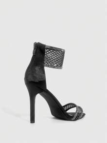 CUCCOO SZL Women's High Heel Shoes, Black Color, Crystal Embellished Mesh Hollow-Out Design, Zipper Back Closure, Fashionable & Sexy Sandals For Summer Spring Shoes - Black - View 3