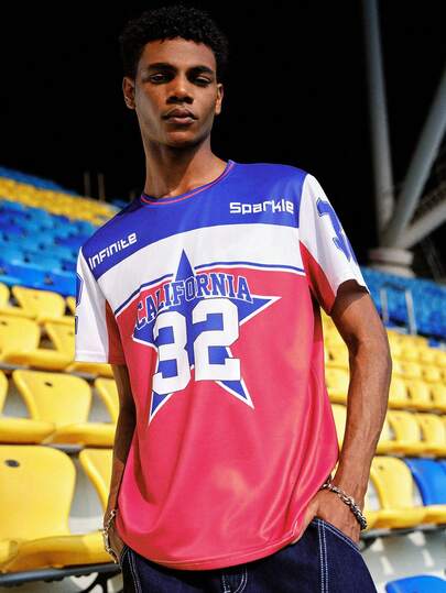 EVRINFINITE 男士加州主题 32 号球衣 T 恤 - 透气短袖休闲服，红/白/蓝球队设计，32 号印花，耐用圆领，适合运动爱好者，成人礼物，夏季足球服