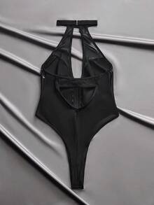 Body de cuero sintético y malla con escote en V profundo, diseño con cremallera frontal moldeadora, lencería de estilo oscuro y sexy de nicho - Negro - Ver 7