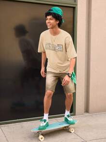 Open Phase WHITE SHARK Men's Casual Fashion Street Loose Fit Printed Drop Shoulder Short Sleeve T-Shirt, Breathable Blend, Summer - Apricot - View 7