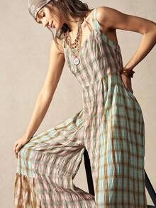 Bohemela Women's Casual Woven Plaid Patchwork Jumpsuit - Multicolor - View 8