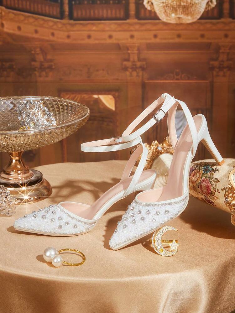 CUCCOO TILAWA Women Shoes Pointed Thin Heel White Rhinestone Ankle Strap Sexy Fashion Gorgeous Banquet Party Nightclub Ladies High Heel Shoes Hollow Shoes