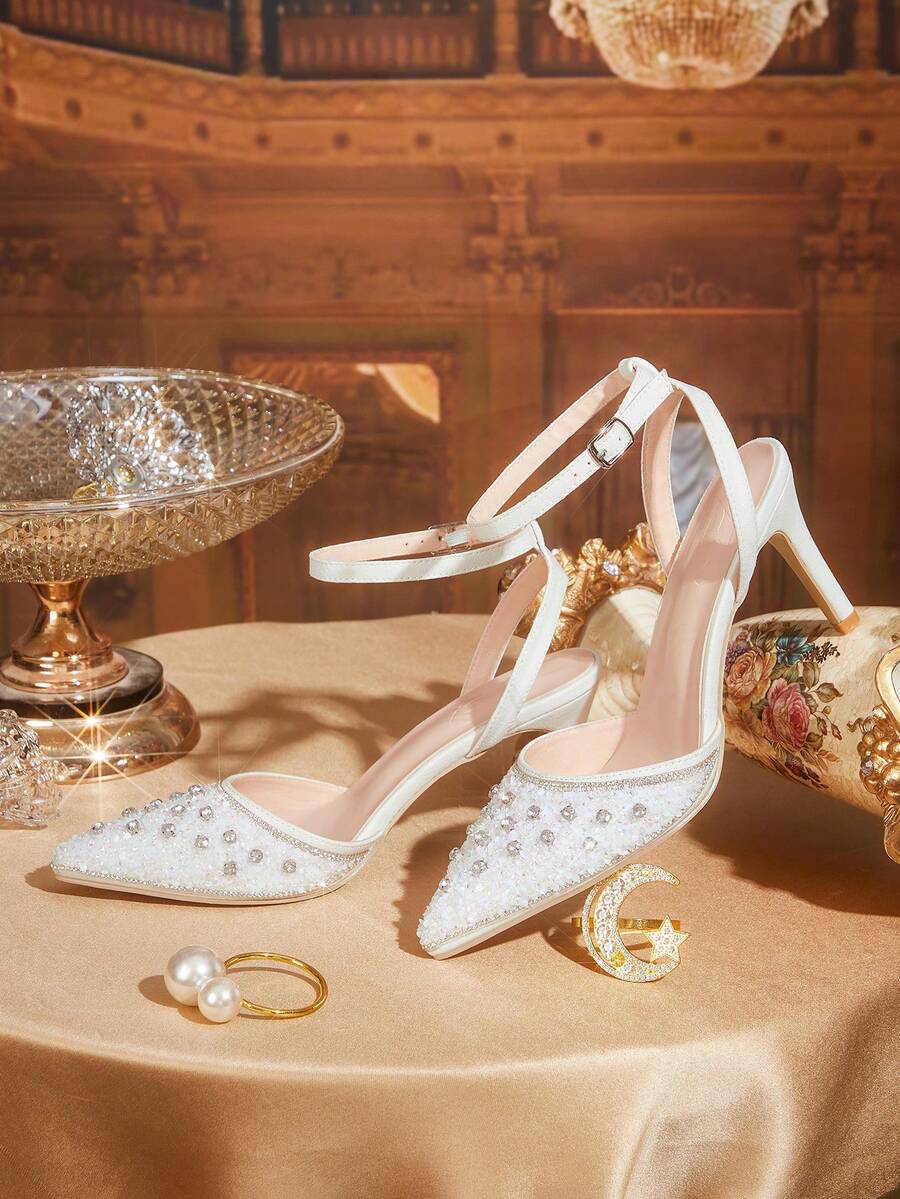 CUCCOO TILAWA Giày cao gót nữ mũi nhọn, gót mỏng, đính đá trắng, quai ngang mắt cá chân, gợi cảm, sang trọng, thích hợp cho tiệc tùng, hộp đêm, giày cao gót khoét lỗ. - trắng - Xem 1