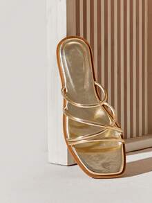 SHUZIA Women's Square Toe Multi-Strap Metallic PU Gold Slide Sandals – Minimal, & Comfortable - Gold - View 7