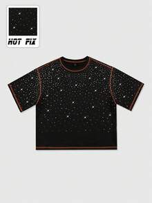 ROMWE MEN Street Life Men's Summer Fashion Rhinestone Decor Contrast Trim Loose Fit T-Shirt - Black - View 4