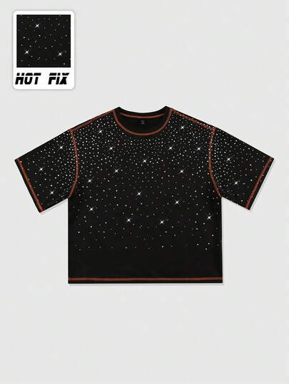 ROMWE MEN Street Life Áo thun nam dáng rộng thời trang mùa hè, đính đá lấp lánh, viền tương phản.