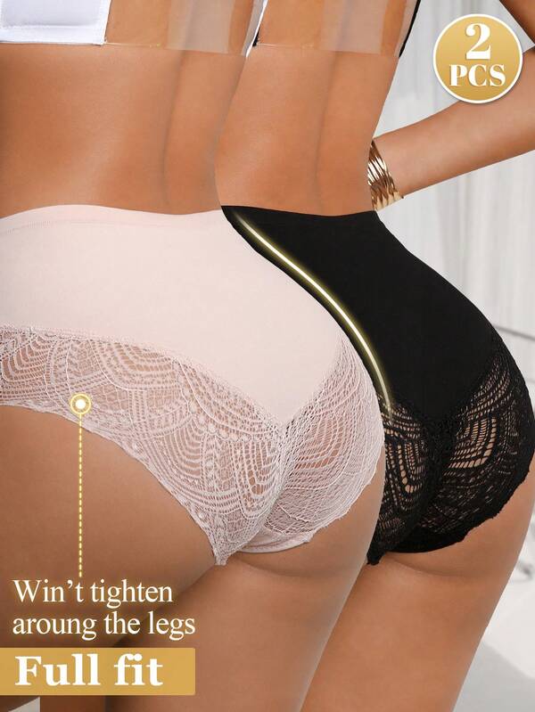 DesireSculpt 2pcs Lace Patchwork Women's Bikini Briefs Knickers For Ladies