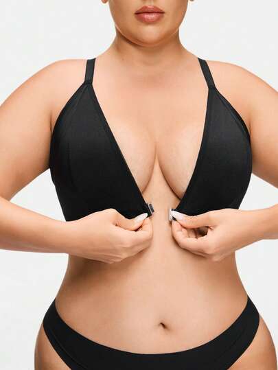 SHAPORA 一件式前扣黑色无钢圈加厚加大码文胸，提拉丰满胸部