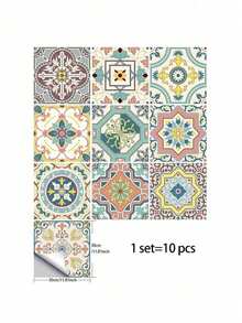 10pcs Mandala Pattern Tile Stickers, Self-Adhesive, Waterproof, Oil-Resistant PVC Kitchen Wall Decals,Stickers,Wall Decal, Vinyl Decal For Home Decorations,Spring Decoration Items Refresh Your Home,Rama Decoration Stickers,Room Decor , Ramadan Decor, Home Decor, Bathroom Decor Kitchen Decor - Multicolor - View 24