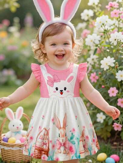 SHEIN Vestido de manga corta para niña bebé con bloques de color, moño y estampado de dibujos animados, para verano