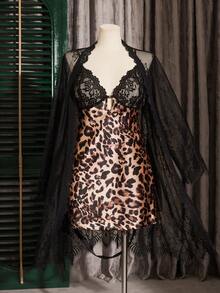 SHEIN Sexy Satin Leopard Print Lace Plus Size Robe Set - Multicolor - View 3