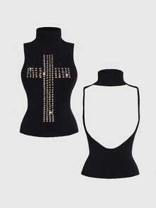 ROMWE J-Fashion 女士性感露背十字镶钻高领针织上衣 - 黑色 - 查看 1