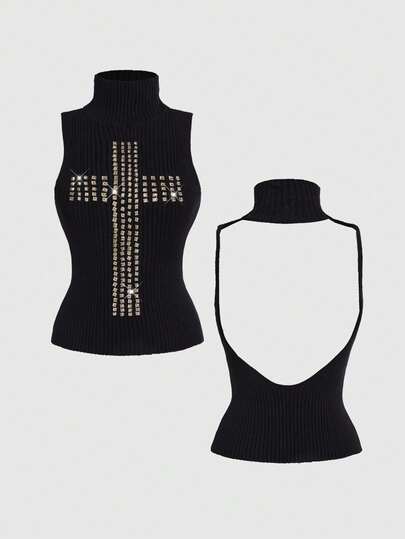 ROMWE J-Fashion 女士性感露背十字镶钻高领针织上衣