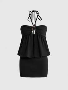 ROMWE J-Fashion Sexy Millennium Crystal Halter Neck Tie Mini Dress For Women - Black - View 1