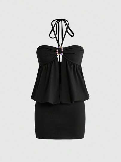 ROMWE J-Fashion Vestido mini con cuello de halter y lazo de cristal sexy para mujeres