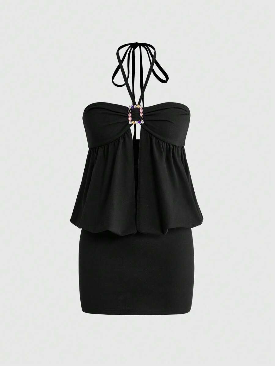 ROMWE J-Fashion Sexy Millennium Crystal Halter Neck Tie Mini Dress For Women - Black - View 1