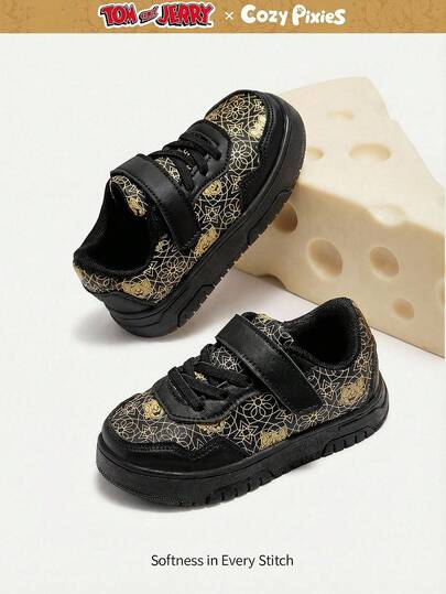 TOM & JERRY X Cozy Pixies Baby Boy Spring/Autumn Low-Top Sneakers, Suitable For Daily Wear, Hook And Loop Easy On/Off, Non-Slip Durable Sole, Anti-Collision Toe Design, Stylish Shoes Gold And Black Color Scheme