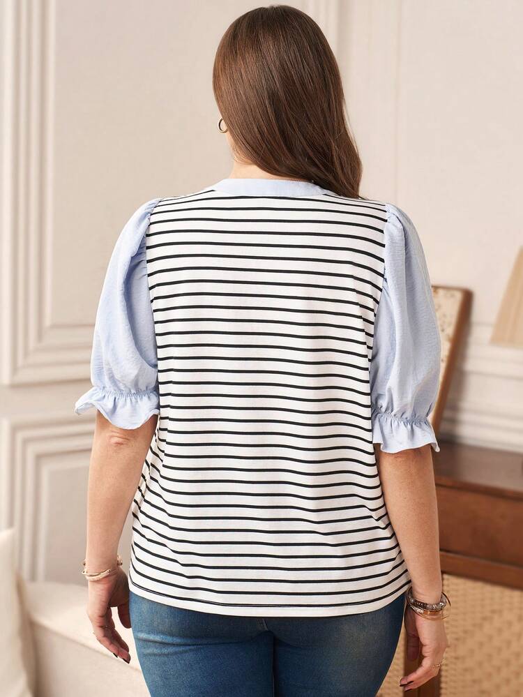 Plus Size Women V-Neck Striped Patchwork Casual Versatile Daily Wear Shirt Stripe Top Preppy Tops Nautical Blue And White Top Summer Beach Vacation Going Out Top, Summer Tops Striped Blouse