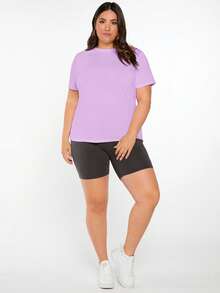 EMERY ROSE Plus Size Women's Solid Color Round Neck Short Sleeve Casual Versatile T-Shirt - Violet Purple - View 3