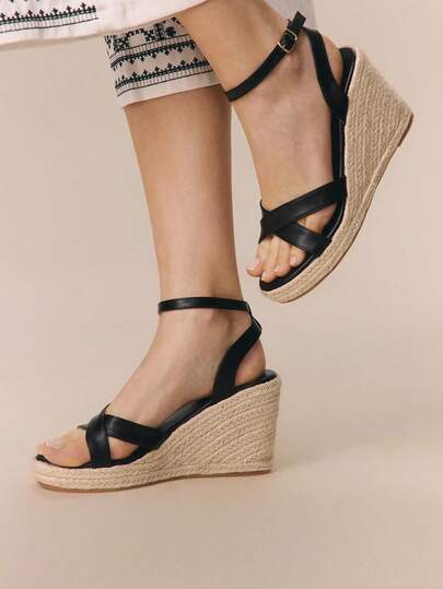 Styleloop 女士通勤休闲度假百搭纯色系带坡跟凉鞋