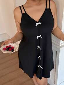 Dream Adore Plus Size Women V-Neck White Bow Tie Slit Design Soft & Comfortable Milk Silk Camisole Dress, Casual Loungewear Or Sleepwear - Black - View 6