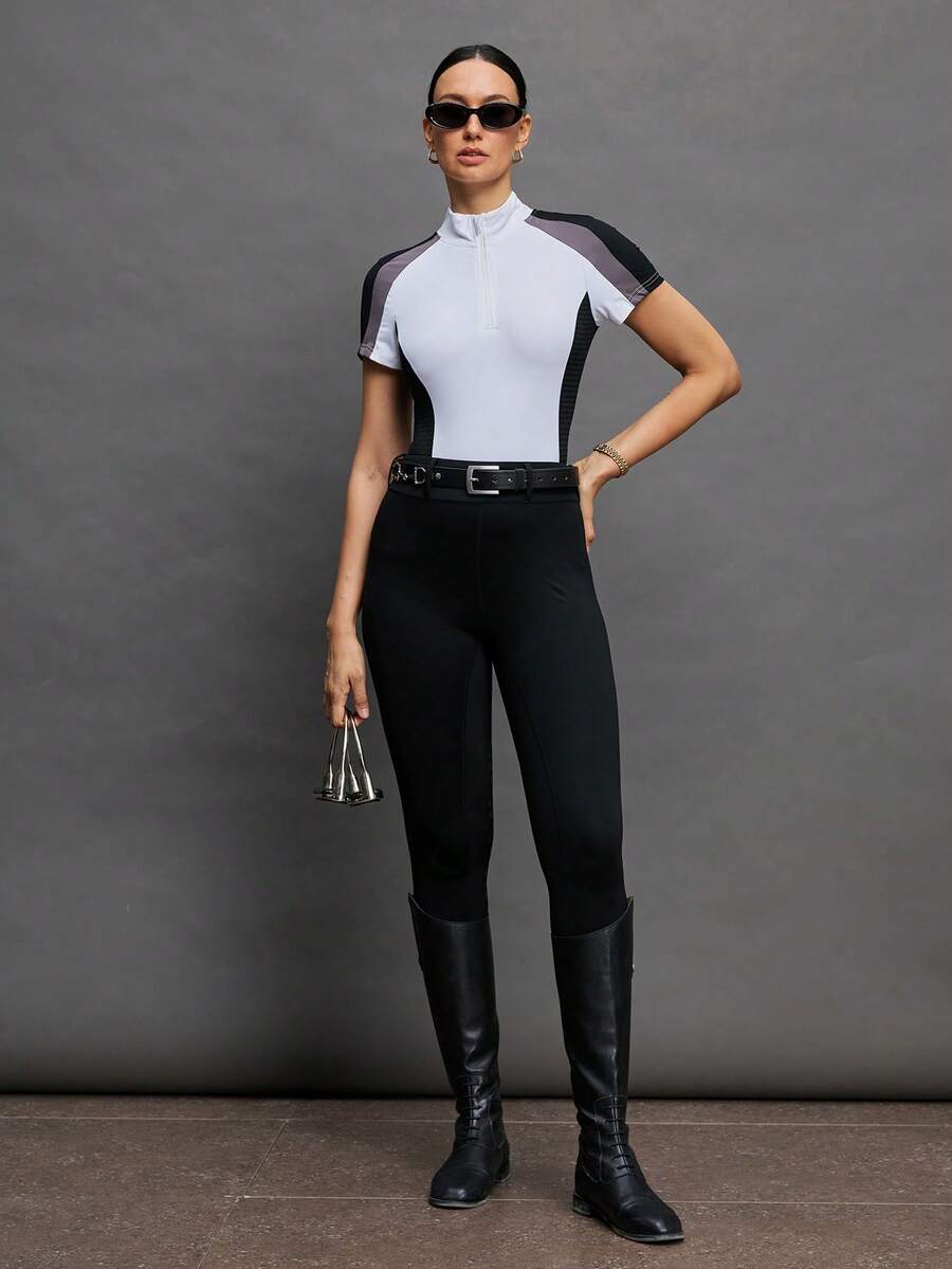 Activina Women's Color Block Stand Collar Zip-Up Fitted Casual Equestrian Top Equestrian Clothing Horseback Riding Outfit - Black and White - View 1