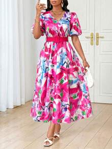 SHEIN Lady 女士V领短花瓣袖优雅中长印花连衣裙 - 粉色 - 查看 3