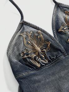ROMWE Áo hai dây denim kiểu hippie cổ điển Millennium, thêu hoa, gợi cảm, dây mảnh, cỡ lớn. - Màu xanh lam - Xem 2