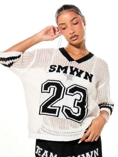 SUMWON WOMEN Women's Oversized Mesh Knit V-Neck Top With Varsity Number Print And Striped Trim Details For Casual Sports Style Layering , World Cup