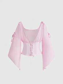 ROMWE Kawaii Vacation Casual Elegant Chiffon Satin Patchwork Belted Asymmetric Sleeve Women Blouse - Pink - View 2
