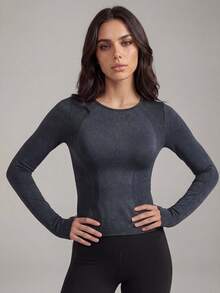 Anewsta Women's Fitted Yoga Top, Long Sleeve Slim Fit Athletic T-Shirt For Running, Training, Fitness, Autumn/Winter - Black - View 1