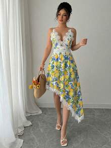 Selianne Women's Lace Patchwork V-Neck Asymmetric Hem Printed Casual Vacation Dress, Spring/Summer - Multicolor - View 3