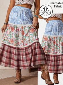 LanaWest Women's Casual Patchwork Elastic Waist Midi Skirt - Red - View 5