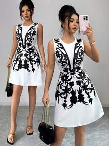 SHEIN Elenzya Women's Floral Print Round Neck Casual Everyday Dress For Dating And Outings - Black and White - View 1