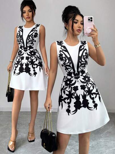 SHEIN Elenzya 女士碎花圆领休闲日常连衣裙，适合约会和外出