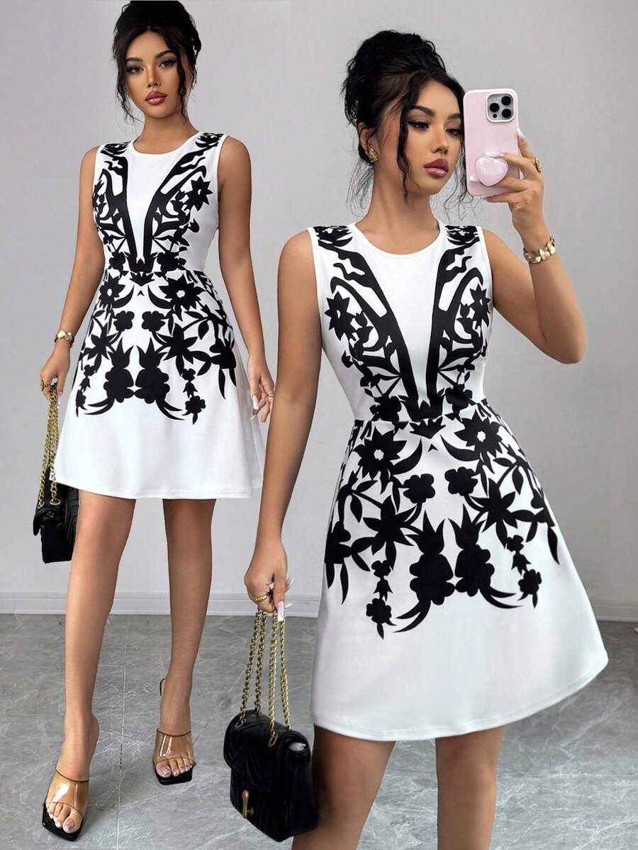 SHEIN Elenzya Women's Floral Print Round Neck Casual Everyday Dress For Dating And Outings - Black and White - View 1