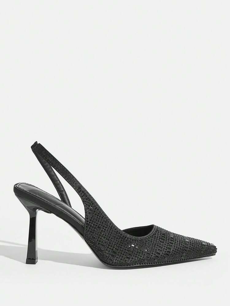 CUCCOO TILAWA Women Shoes Pointed Stiletto Black Rhinestone Gorgeous Fashion Party Banquet Wedding Simple Women's High Heel Shoes Slingback Women's Shoes
