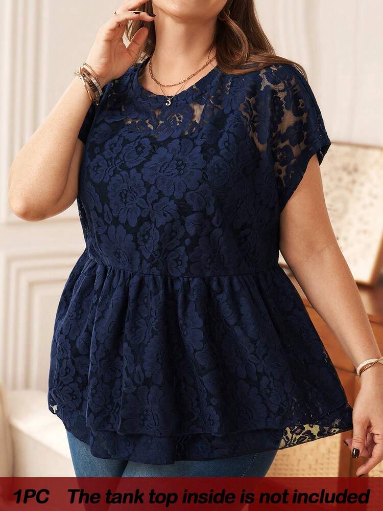 Plus Size Women's Summer Casual Vacation Solid Color Navy Blue Lace Sheer Round Neck Short Sleeve Blouse Top Shirt,,Summer\Vacation,Summer Holiday,Spring Break Outfits ,Vacation Outfits Women ,Holiday Outfits For Women,Going Out Outfits,2026 New Clothes,Simple And Fashionable For Everyday Wear,Suitable For Summer, Vacation, Daily Wear, Plus Size Babydoll Tops