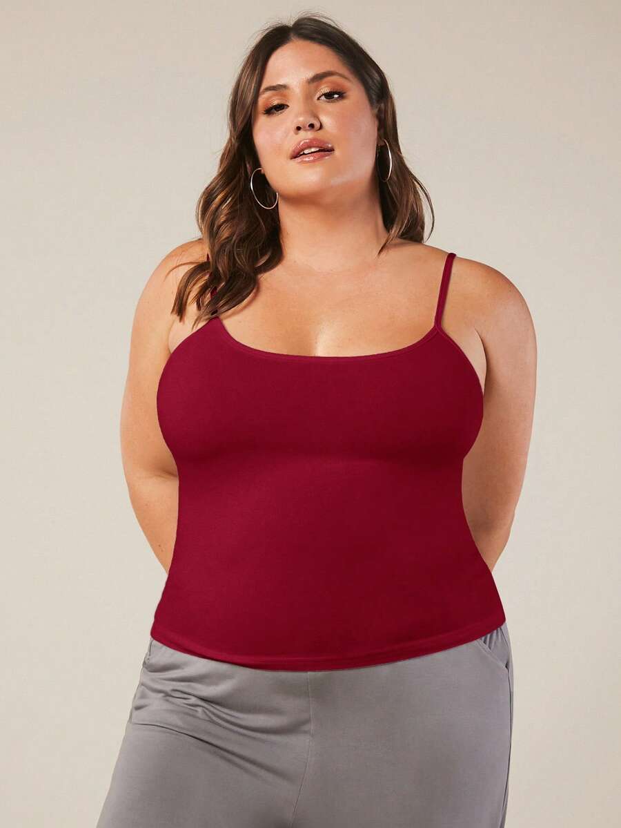 EMERY ROSE 夏季大码休闲纯色修身吊带背心 - 酒紅色 - 查看 1